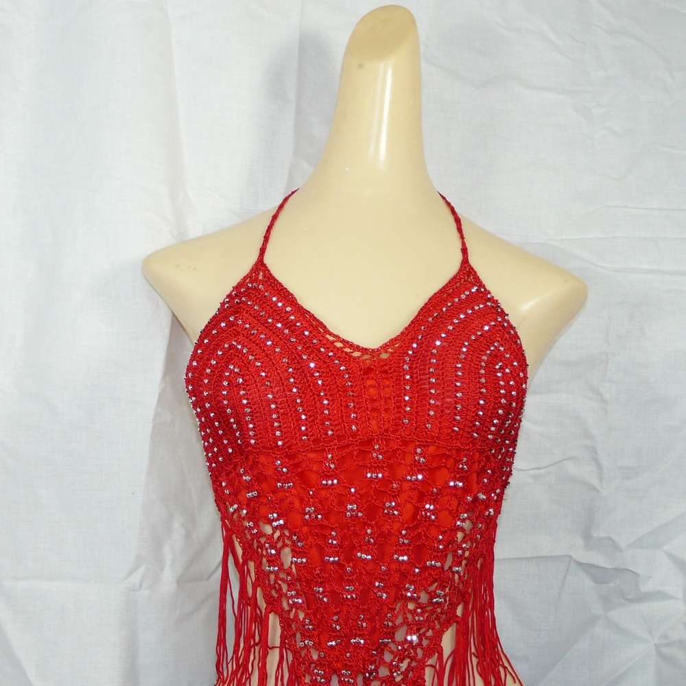 Women Red Sequin Fringed Lined Halter Top New